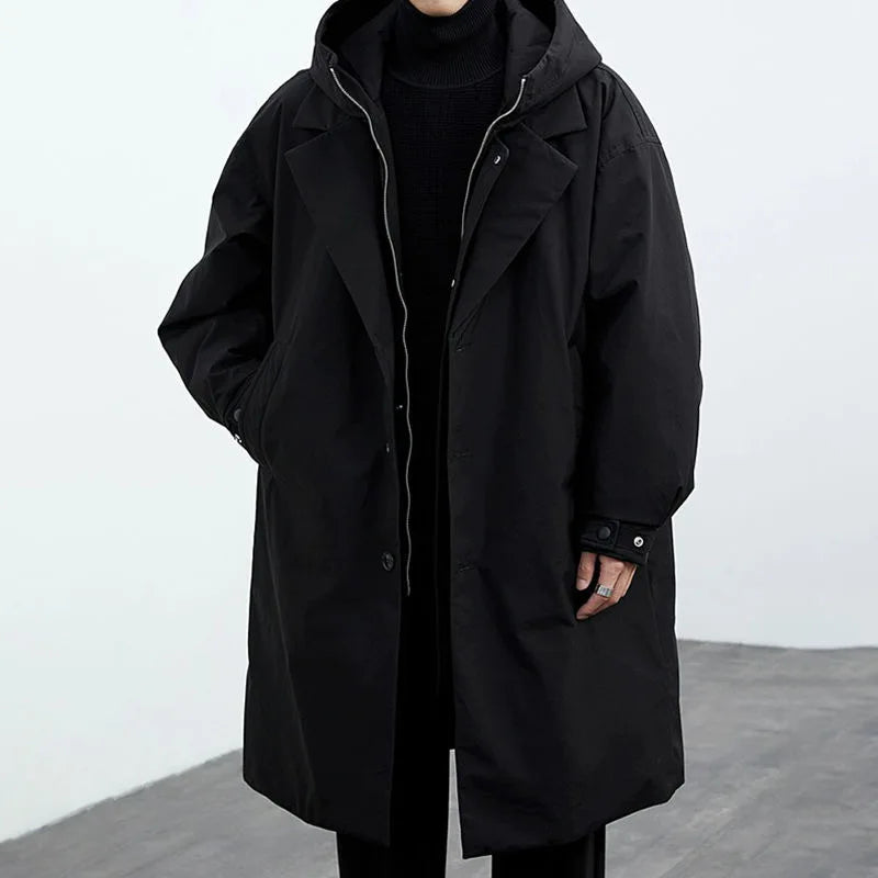 Men’s Hooded Layered Trench Coat - Mid Length Button Front Jacket