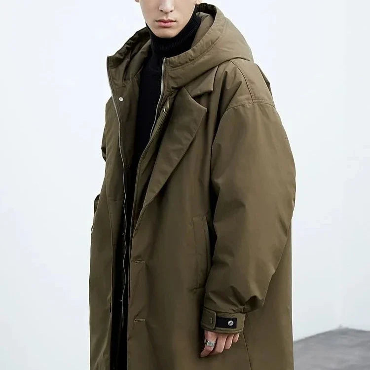 Men’s Hooded Layered Trench Coat - Mid Length Button Front Jacket