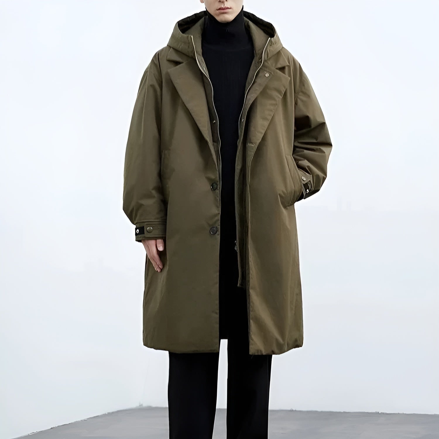 Men’s Hooded Layered Trench Coat - Mid Length Button Front Jacket