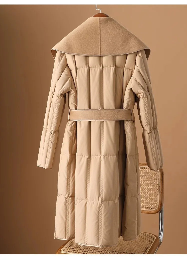Women’s Long Quilted Duck Down Coat with Wide Shawl Collar and Tie Belt Closure