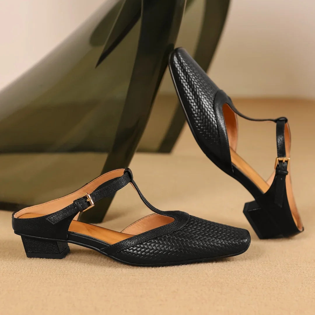 Women’s Square Toe T-Bar Sandals – Textured Upper with Block Heel
