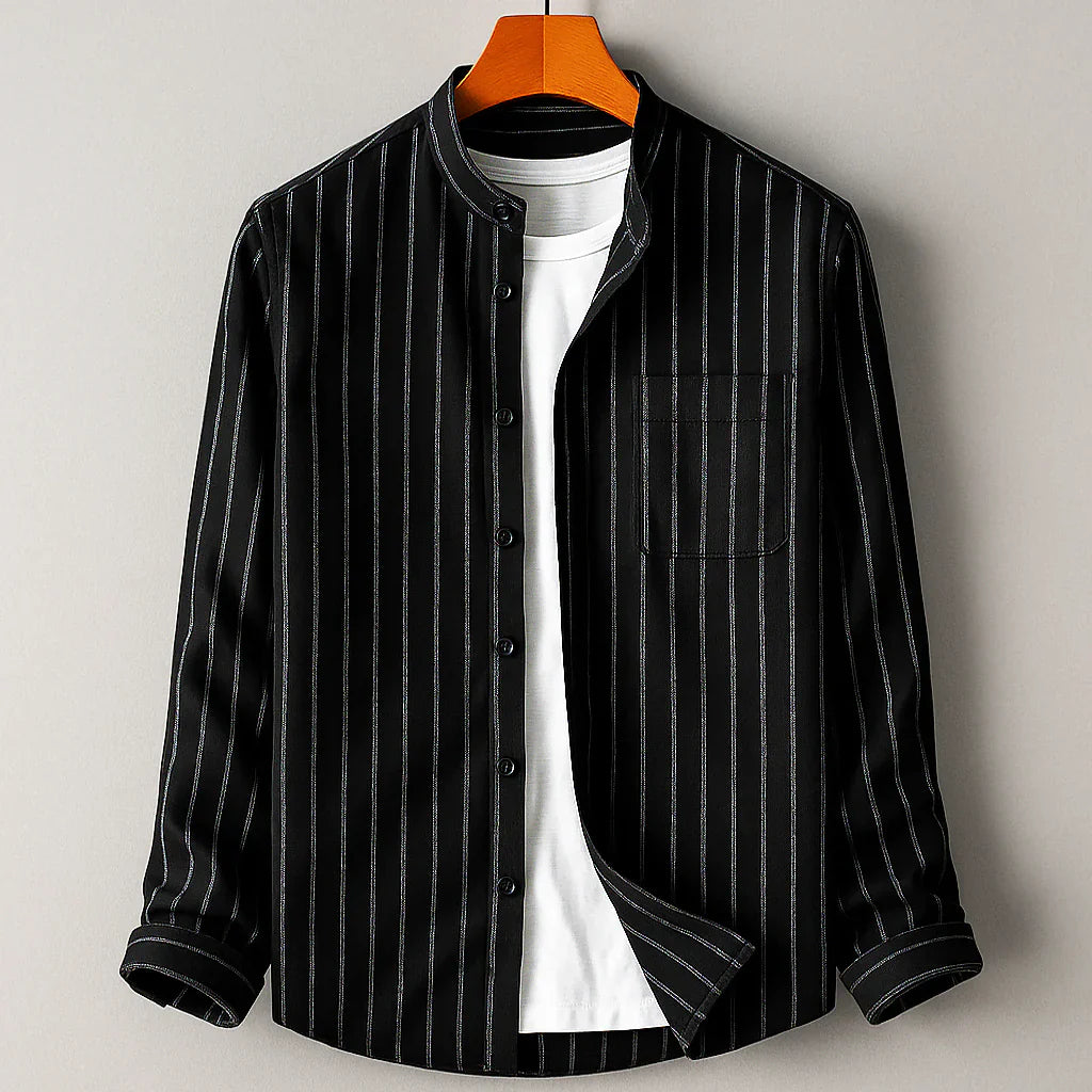 Men's Long Sleeve Shirt - Striped Button Up Mandarin Collar