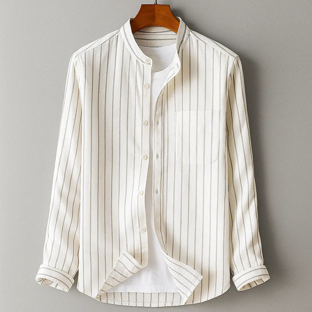 Men's Long Sleeve Shirt - Striped Button Up Mandarin Collar