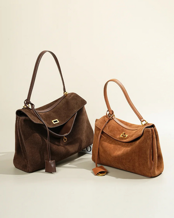 Suede Shoulder Bag - Flap Closure - Gold-Tone Hardware