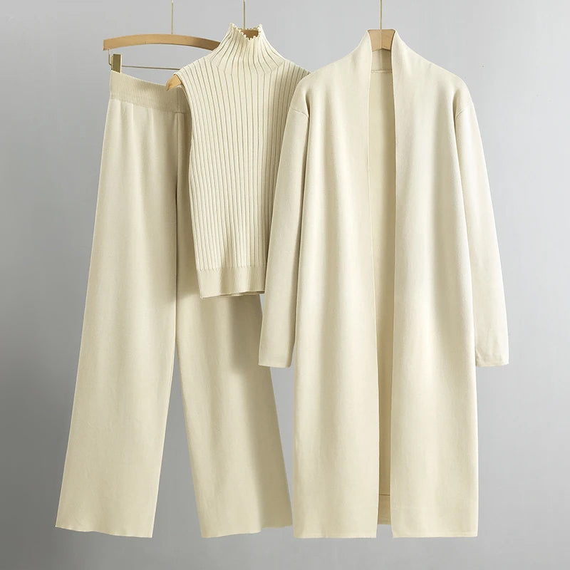 Women’s Three-Piece Knitted Set – Sleeveless Ribbed Jumper, Longline Cardigan and Wide-Leg Trousers