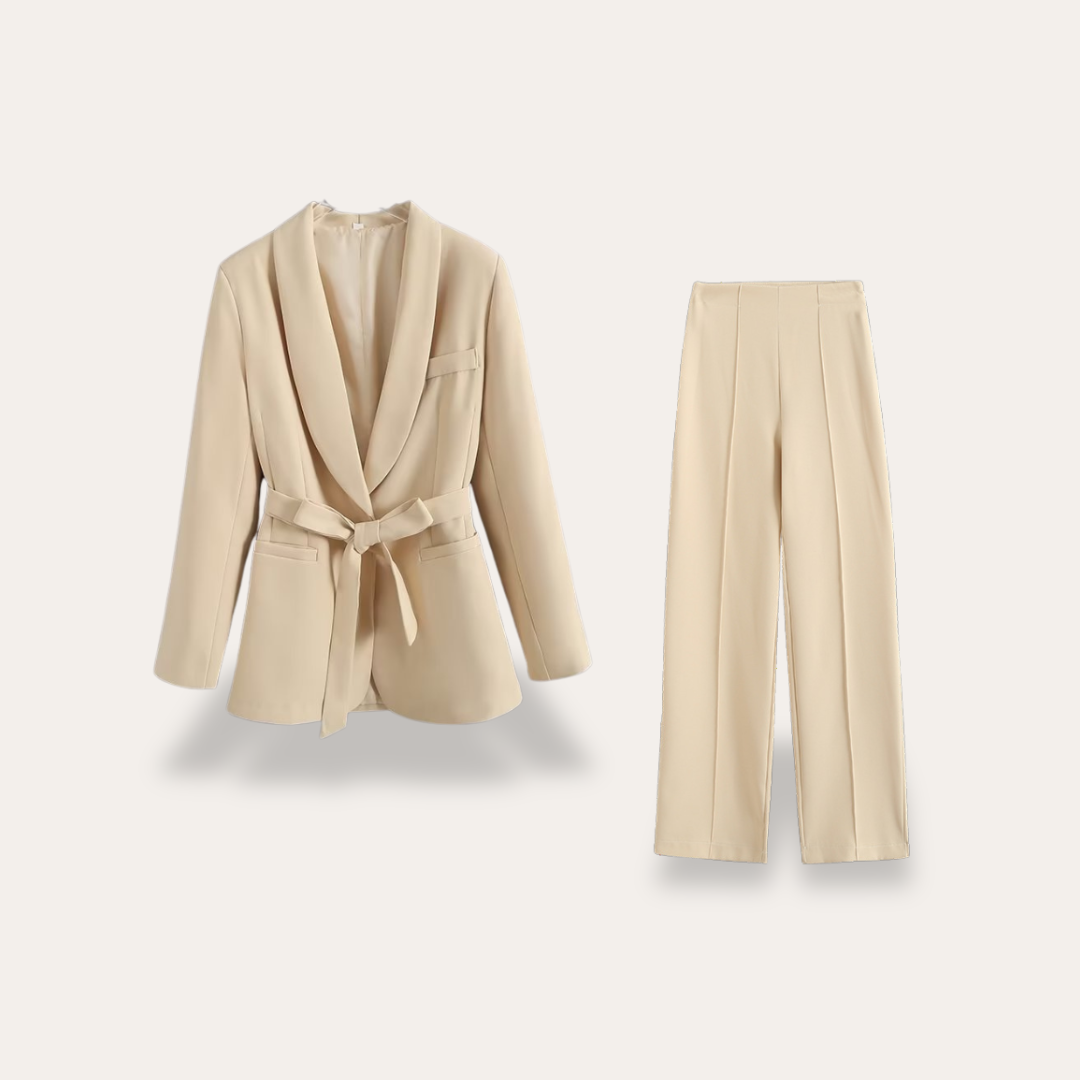 Women's Pant Suit Set - Shawl Collar Belted Blazer and Wide-Leg Pants