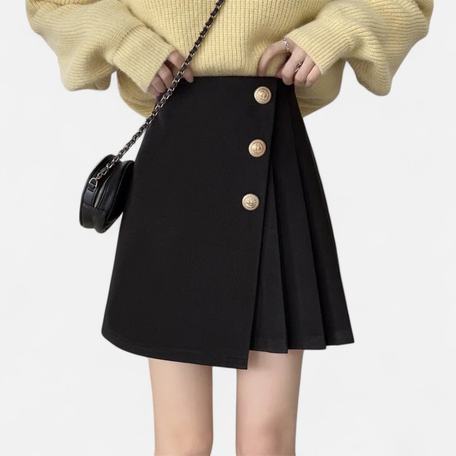 Women’s Black A-Line Mini Skirt with Button Detail