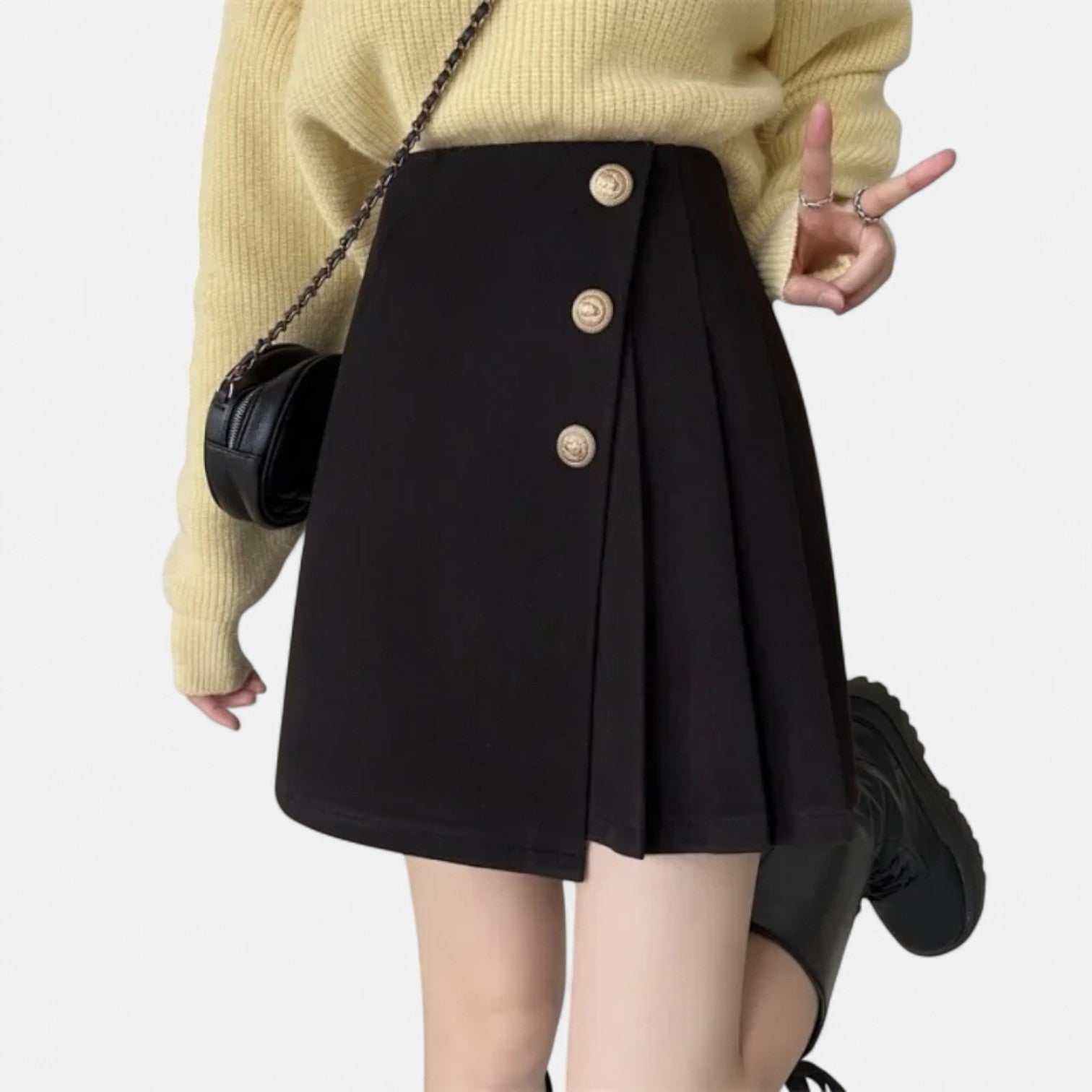 Women’s Black A-Line Mini Skirt with Button Detail