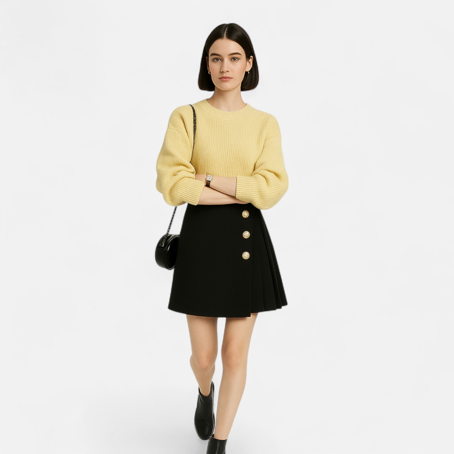 Women’s Black A-Line Mini Skirt with Button Detail