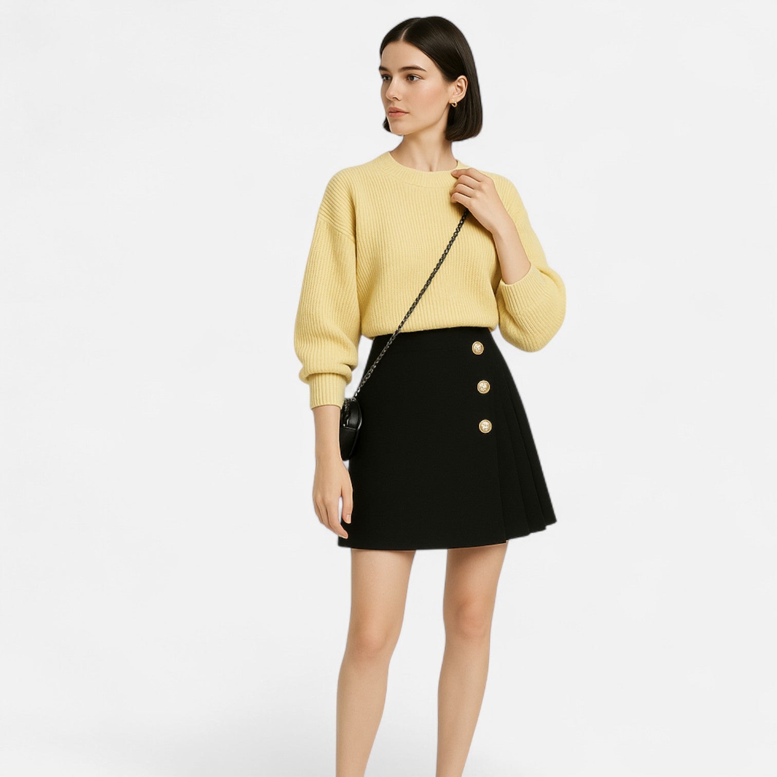 Women’s Black A-Line Mini Skirt with Button Detail