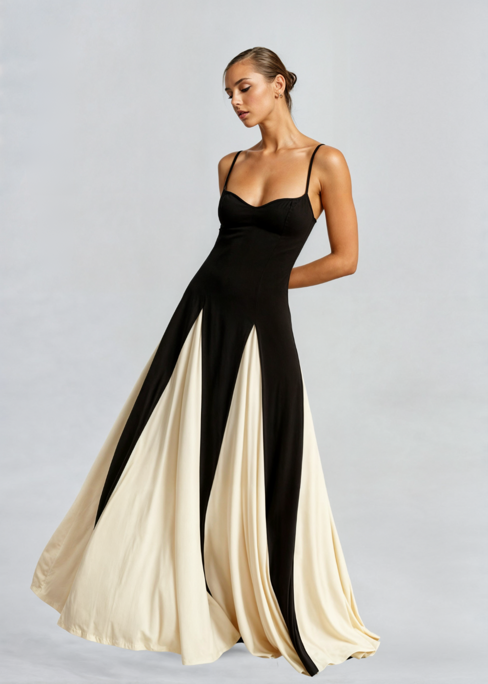 Women’s Black & Cream Maxi Dress – Striking Contrast Panel Evening Gown