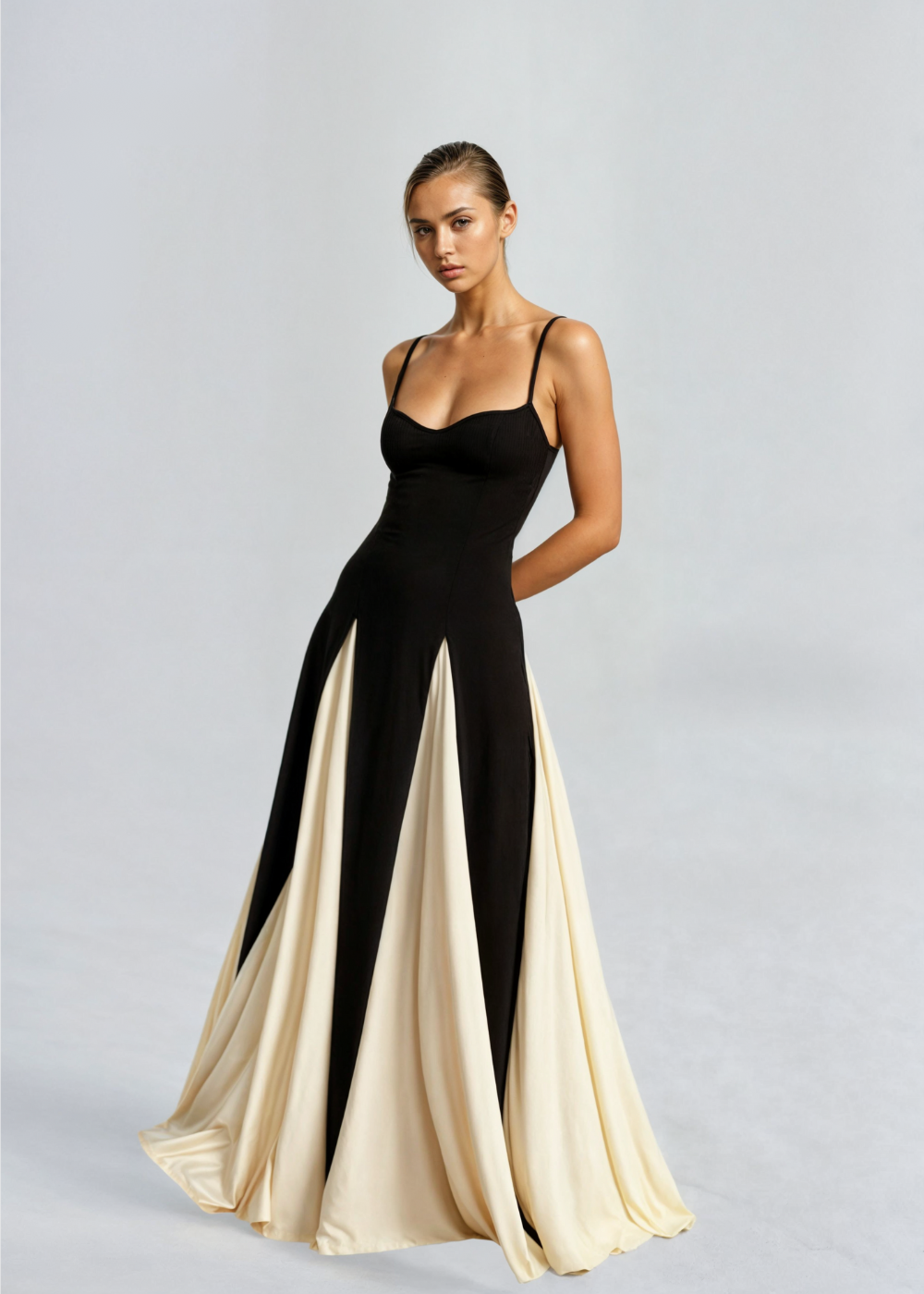 Women’s Black & Cream Maxi Dress – Striking Contrast Panel Evening Gown