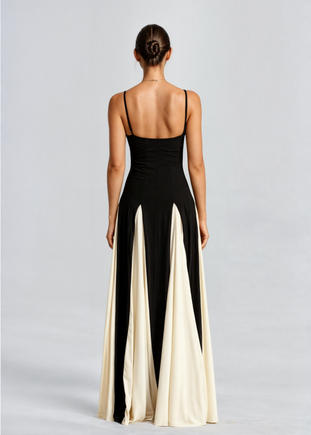 Women’s Black & Cream Maxi Dress – Striking Contrast Panel Evening Gown