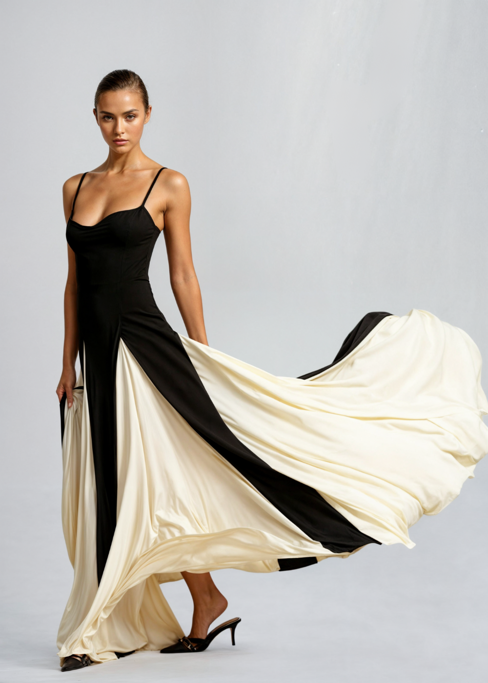 Women’s Black & Cream Maxi Dress – Striking Contrast Panel Evening Gown