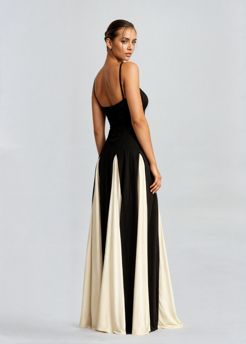 Women’s Black & Cream Maxi Dress – Striking Contrast Panel Evening Gown