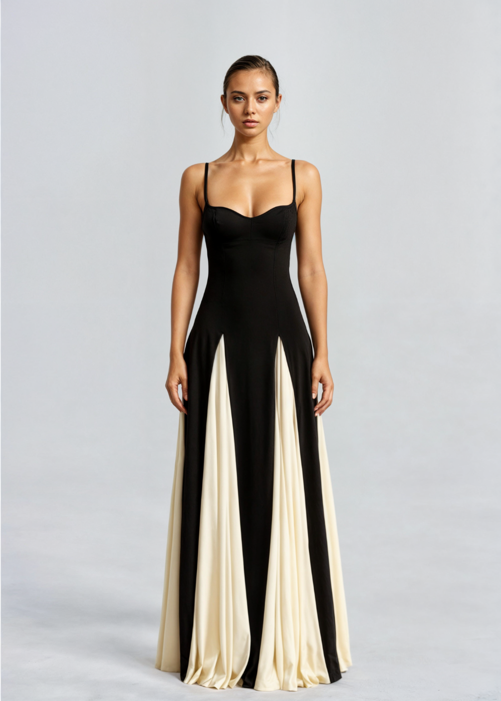 Women’s Black & Cream Maxi Dress – Striking Contrast Panel Evening Gown