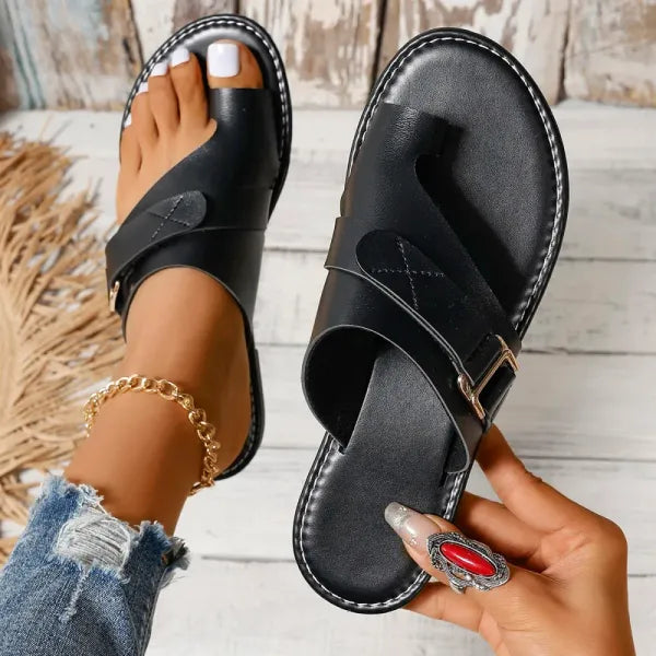 Women’s Black Slip-On Sandals – Crossover Strap Casual Flats