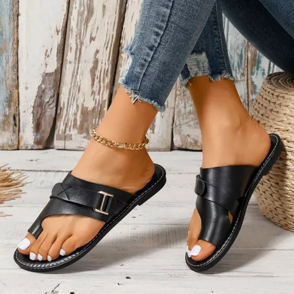 Women’s Black Slip-On Sandals – Crossover Strap Casual Flats