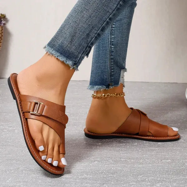 Women’s Black Slip-On Sandals – Crossover Strap Casual Flats