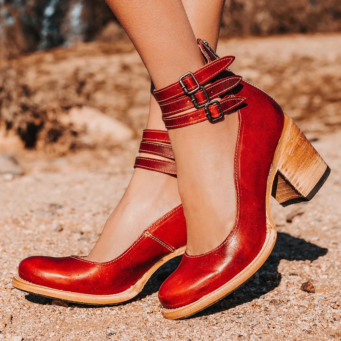 Women's Block Heel Court Shoes with Triple Ankle Strap