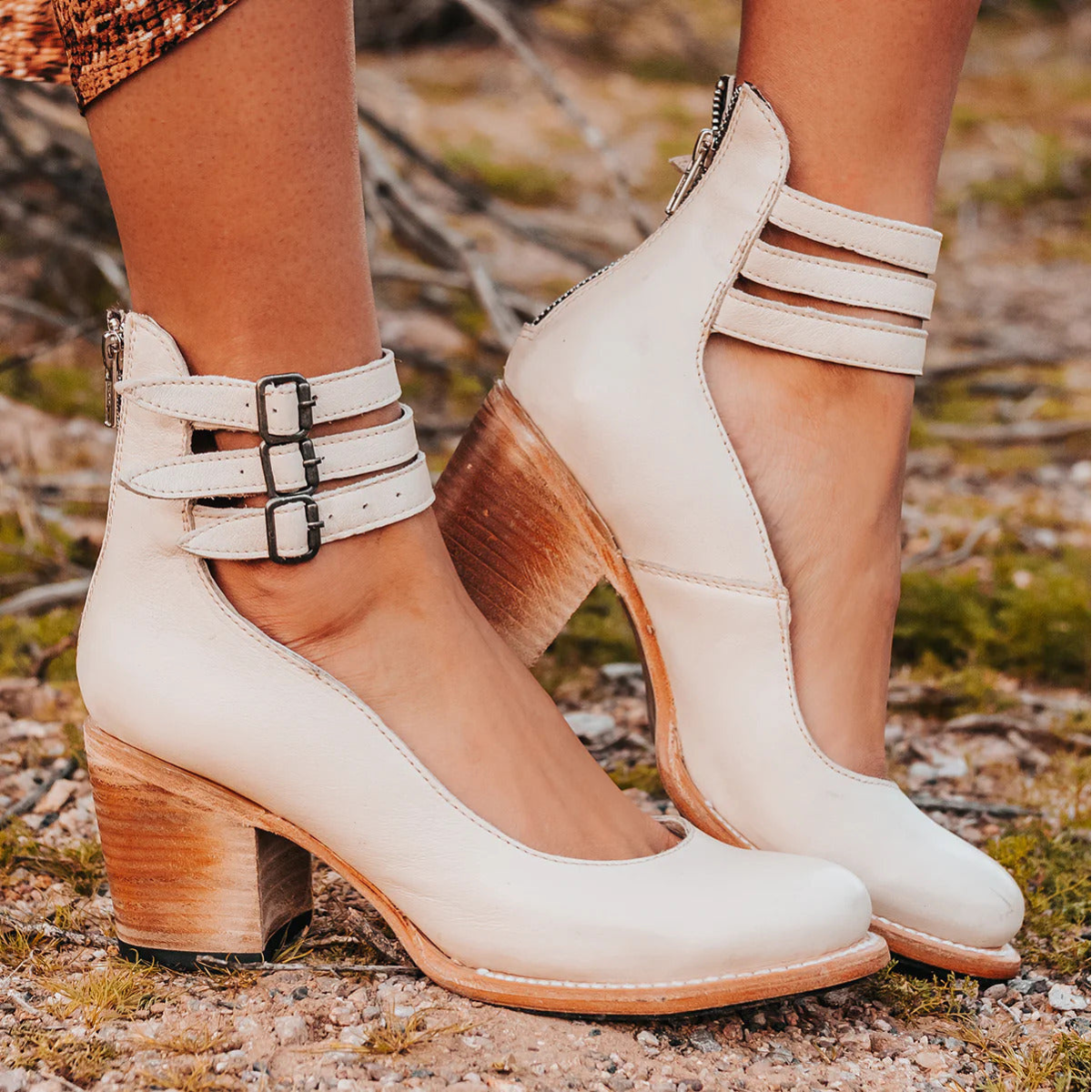 Women's Block Heel Court Shoes with Triple Ankle Strap