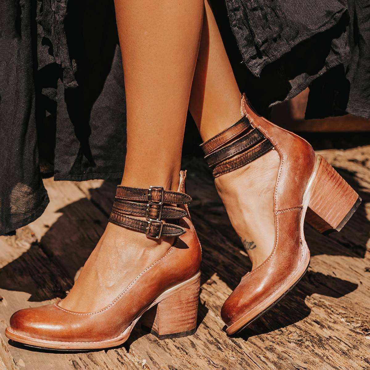 Women's Block Heel Court Shoes with Triple Ankle Strap