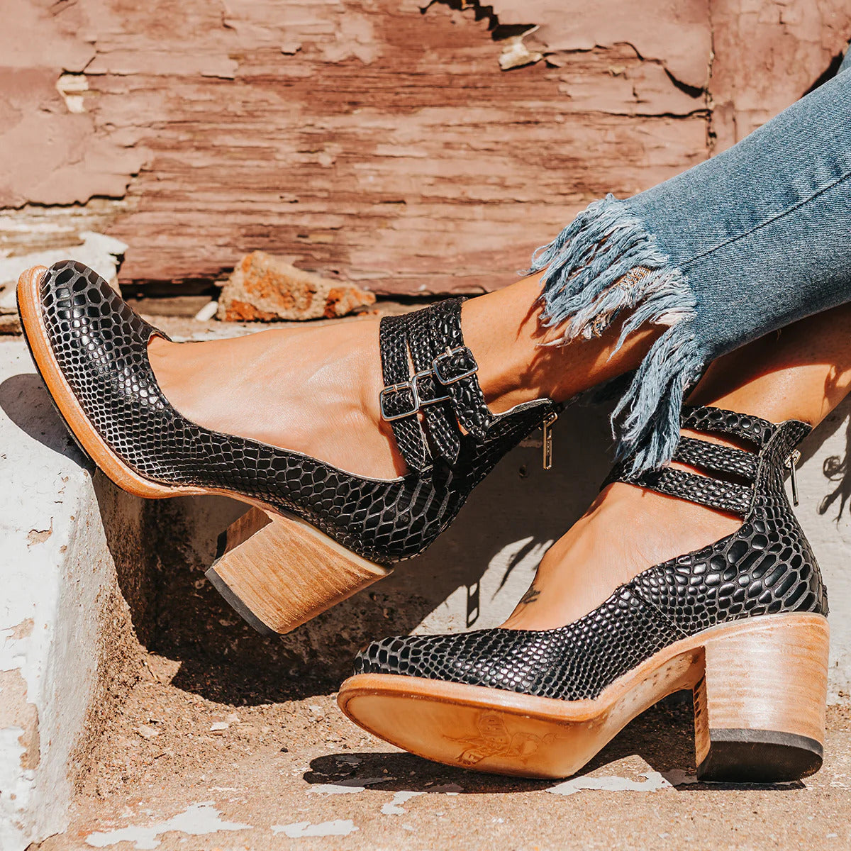 Women's Block Heel Court Shoes with Triple Ankle Strap