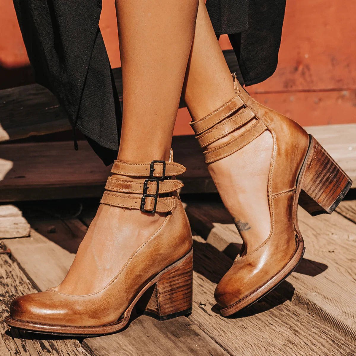 Women's Block Heel Court Shoes with Triple Ankle Strap
