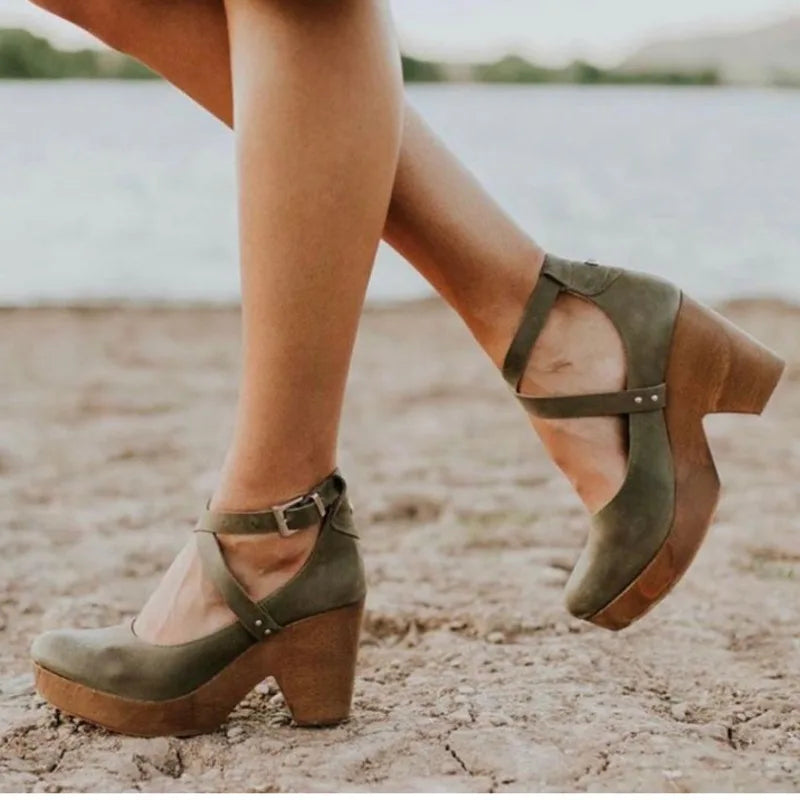 Women’s Block Heel Mary Jane Shoes with Cross Ankle Strap Style