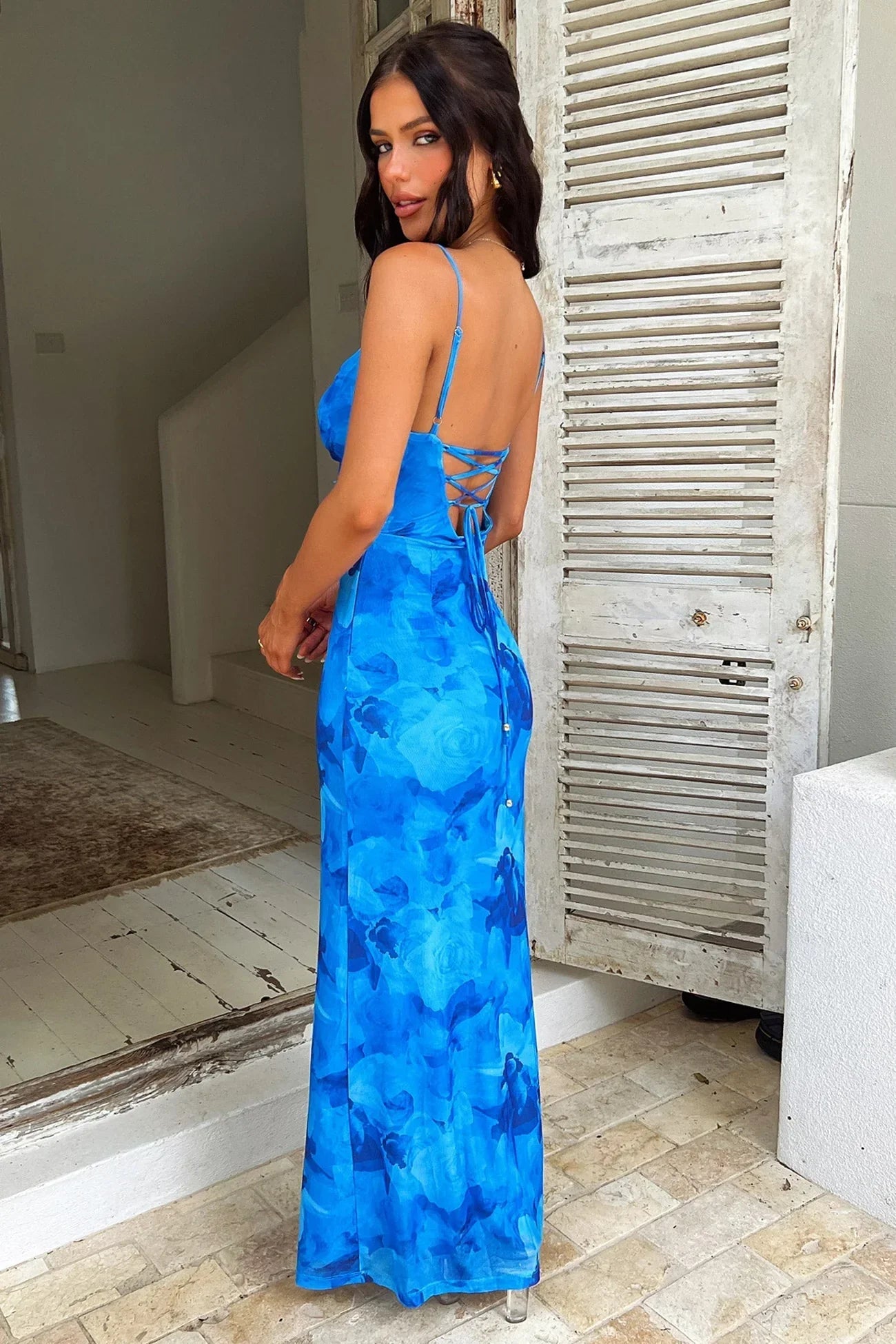 Women’s Blue Floral Maxi Dress – Elegant Sleeveless Summer Evening Dress
