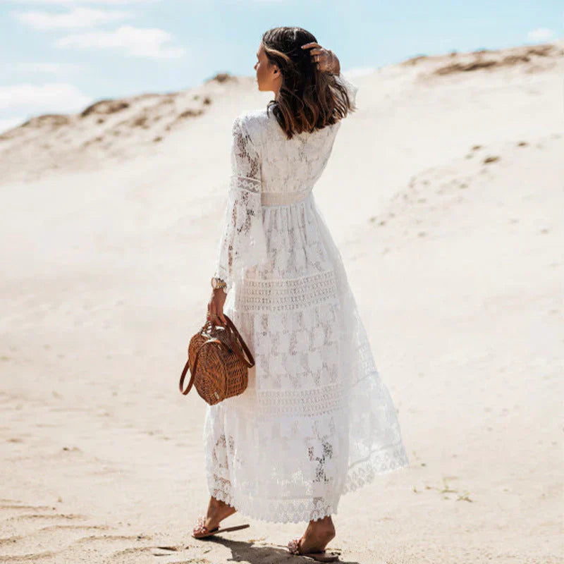 Women's Boho Lace Maxi Dress – Long Sleeve Beach and Festival Style