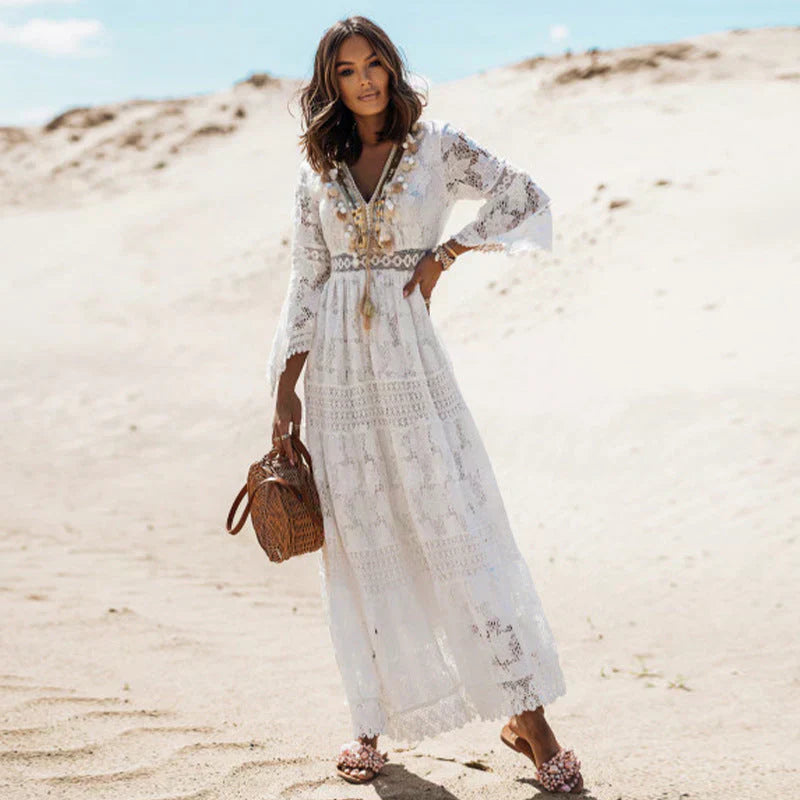 Women's Boho Lace Maxi Dress – Long Sleeve Beach and Festival Style
