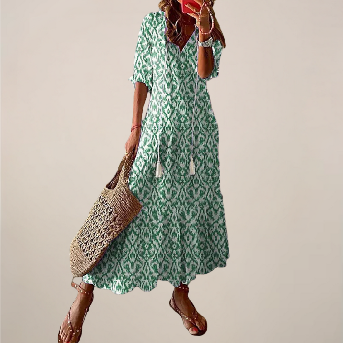 Women’s Boho Maxi Dress – Vintage V-Neck with Tassels