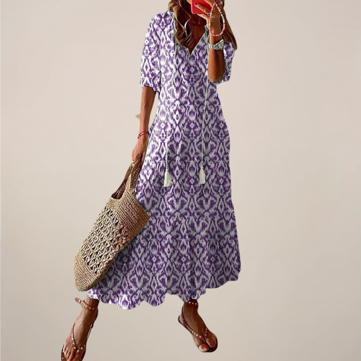 Women’s Boho Maxi Dress – Vintage V-Neck with Tassels