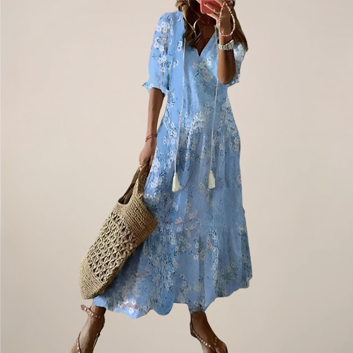 Women’s Boho Maxi Dress – Vintage V-Neck with Tassels