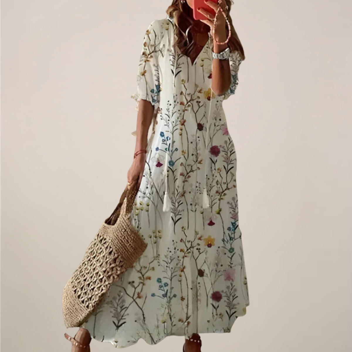 Women’s Boho Maxi Dress – Vintage V-Neck with Tassels