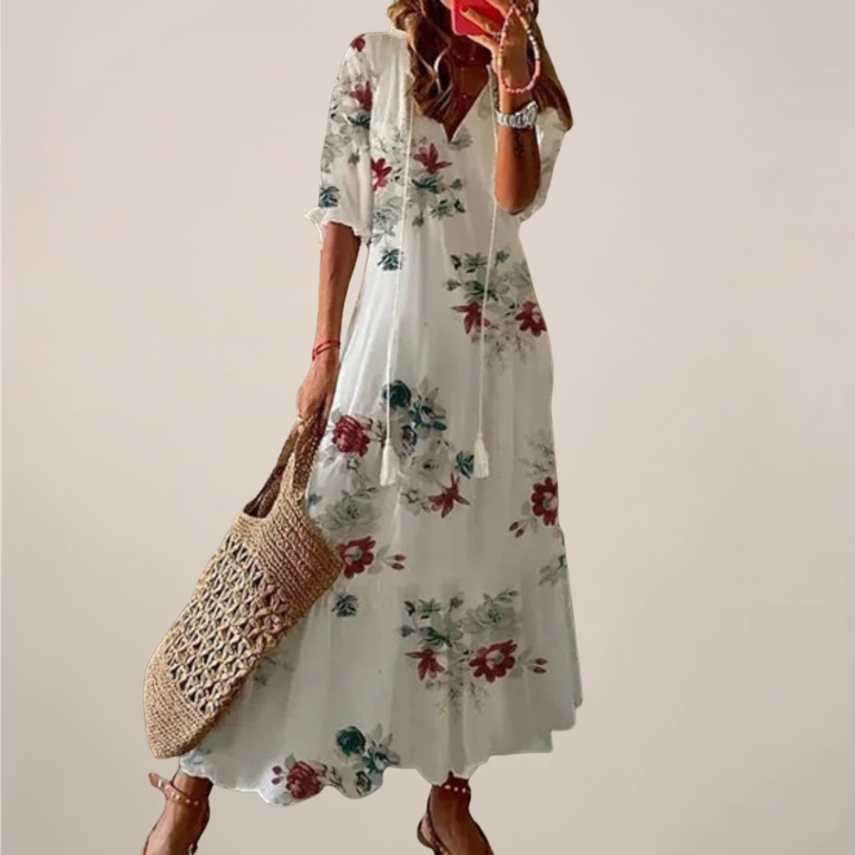 Women’s Boho Maxi Dress – Vintage V-Neck with Tassels