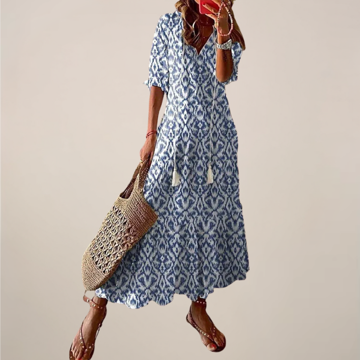 Women’s Boho Maxi Dress – Vintage V-Neck with Tassels