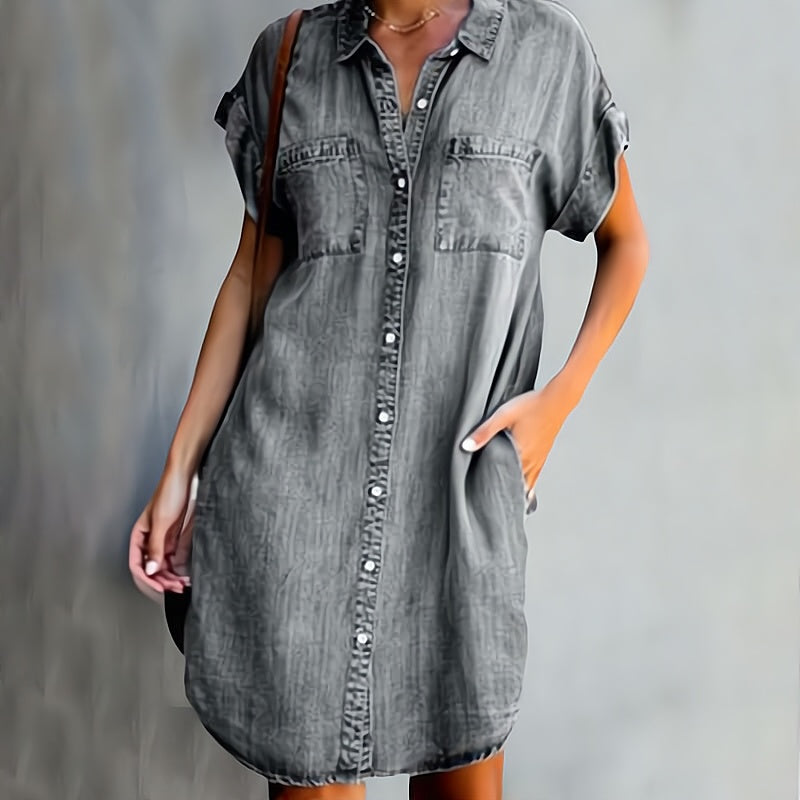 Women’s Button Down Shirt Dress – Short Sleeve Casual Mini Dress with Pockets