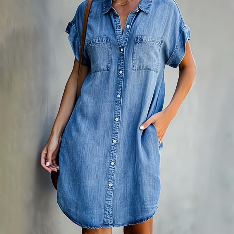 Women’s Button Down Shirt Dress – Short Sleeve Casual Mini Dress with Pockets