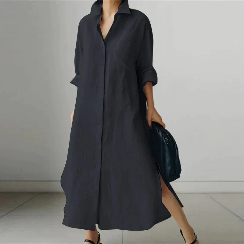Women’s Button-Up Shirt Maxi Dress with Side Slit – Elegant Everyday Style