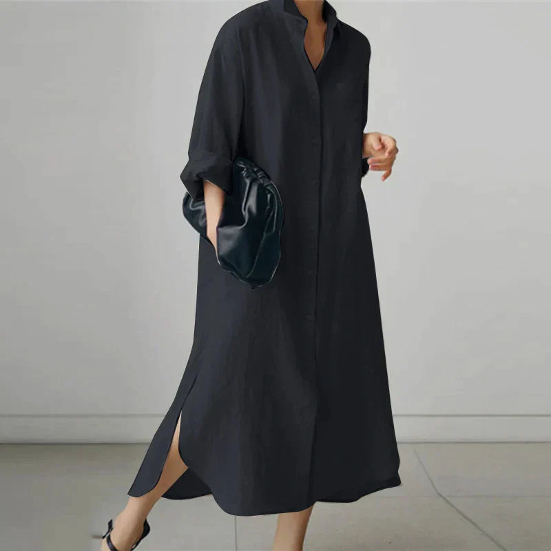 Women’s Button-Up Shirt Maxi Dress with Side Slit – Elegant Everyday Style