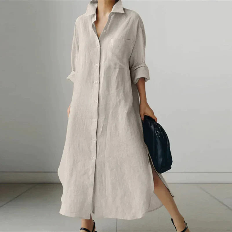 Women’s Button-Up Shirt Maxi Dress with Side Slit – Elegant Everyday Style