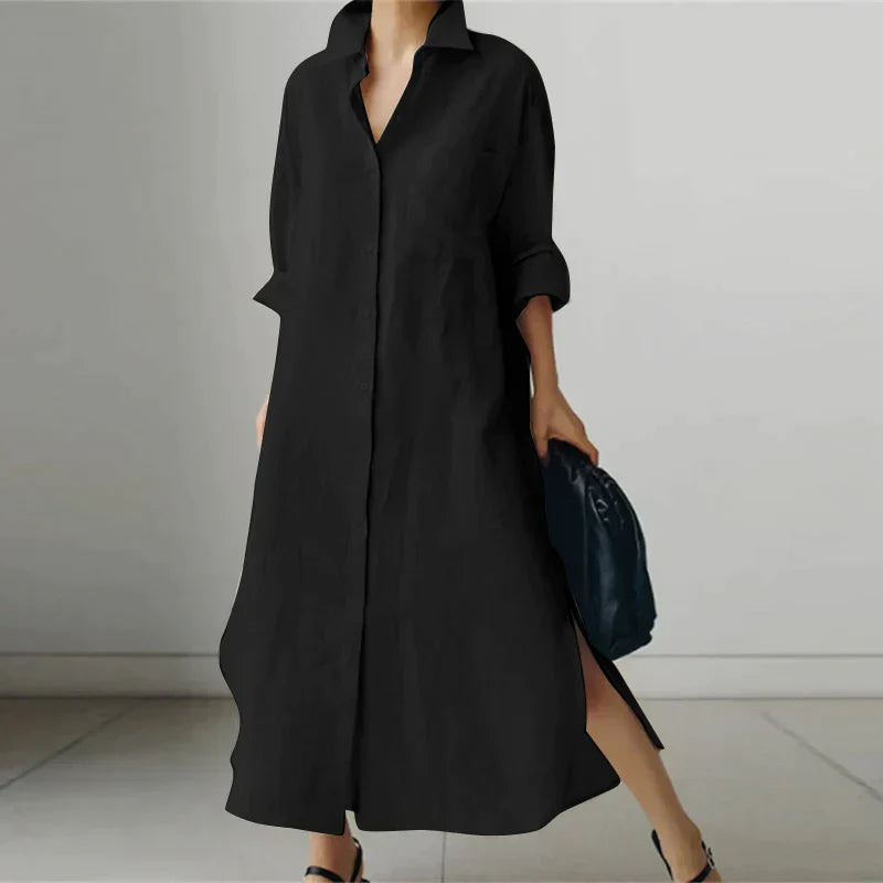 Women’s Button-Up Shirt Maxi Dress with Side Slit – Elegant Everyday Style