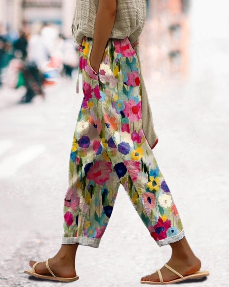 Women’s Colourful Floral Print Trousers – Relaxed Fit with Drawstring Waist