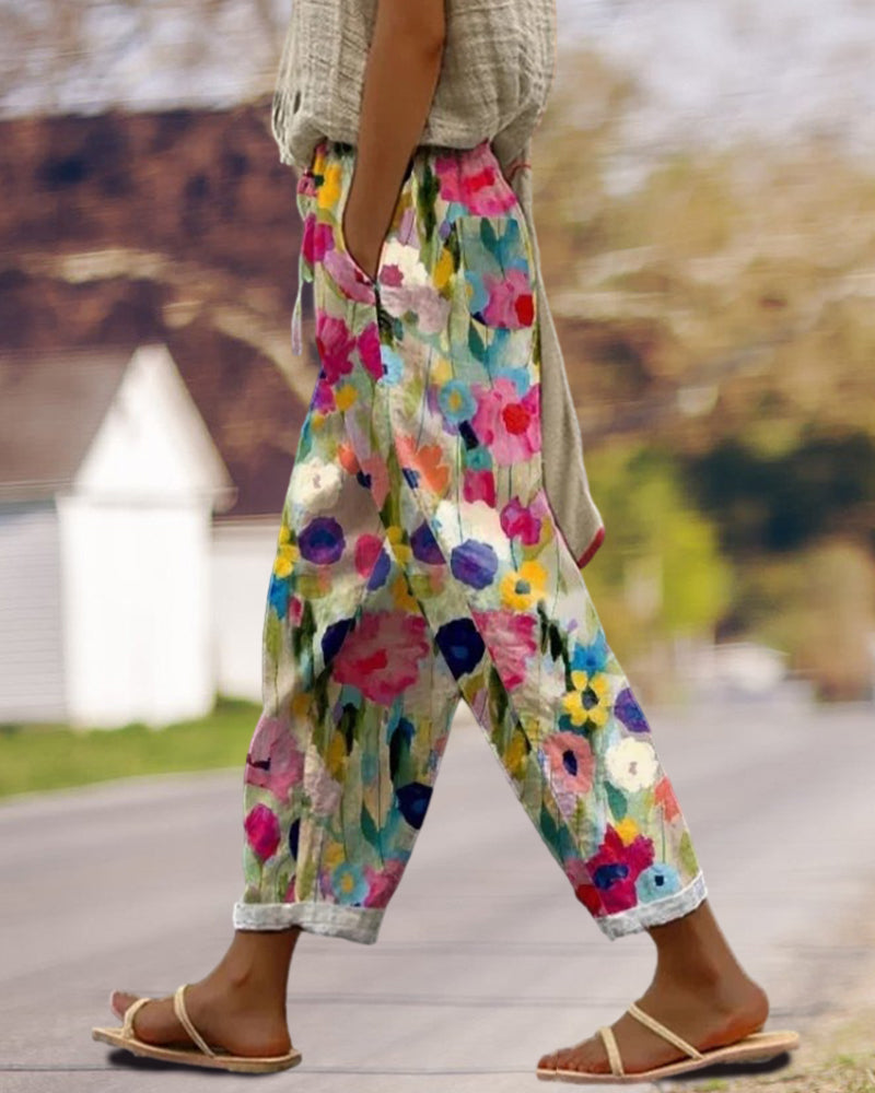 Women’s Colourful Floral Print Trousers – Relaxed Fit with Drawstring Waist