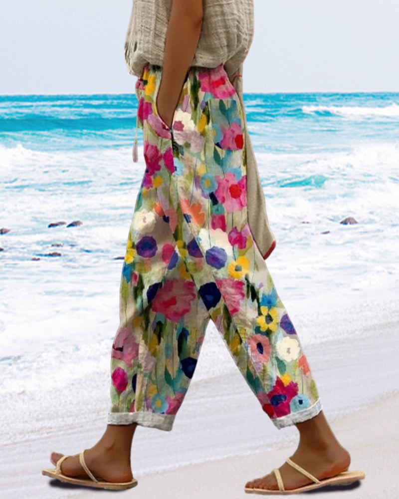 Women’s Colourful Floral Print Trousers – Relaxed Fit with Drawstring Waist