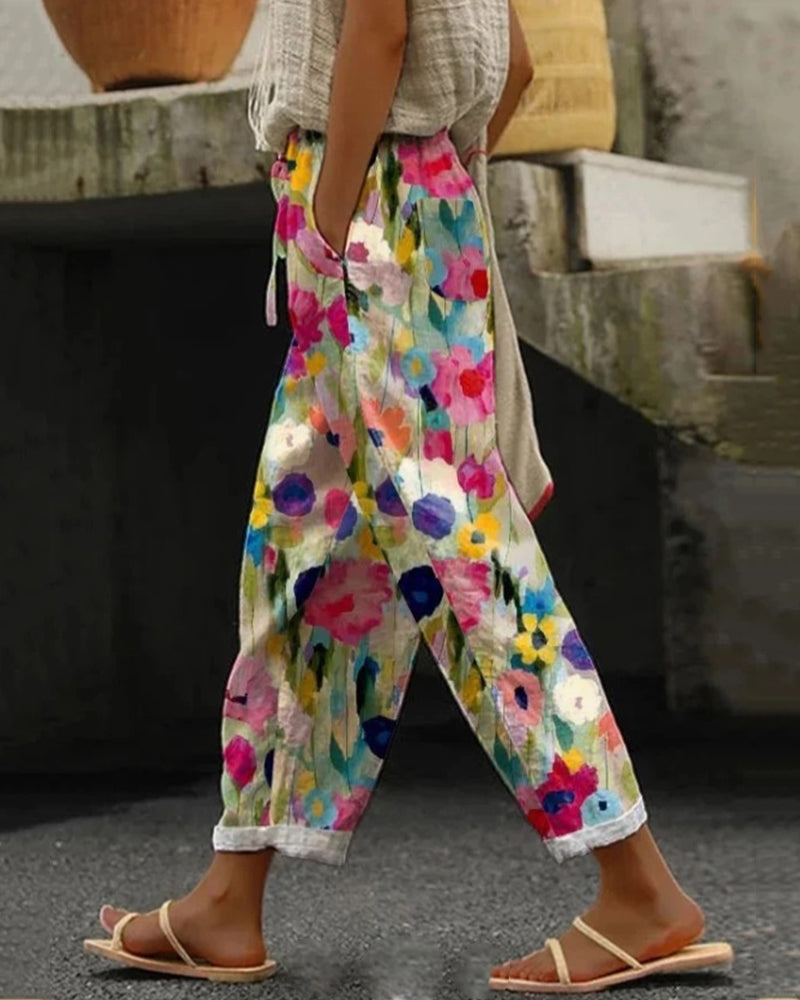 Women’s Colourful Floral Print Trousers – Relaxed Fit with Drawstring Waist