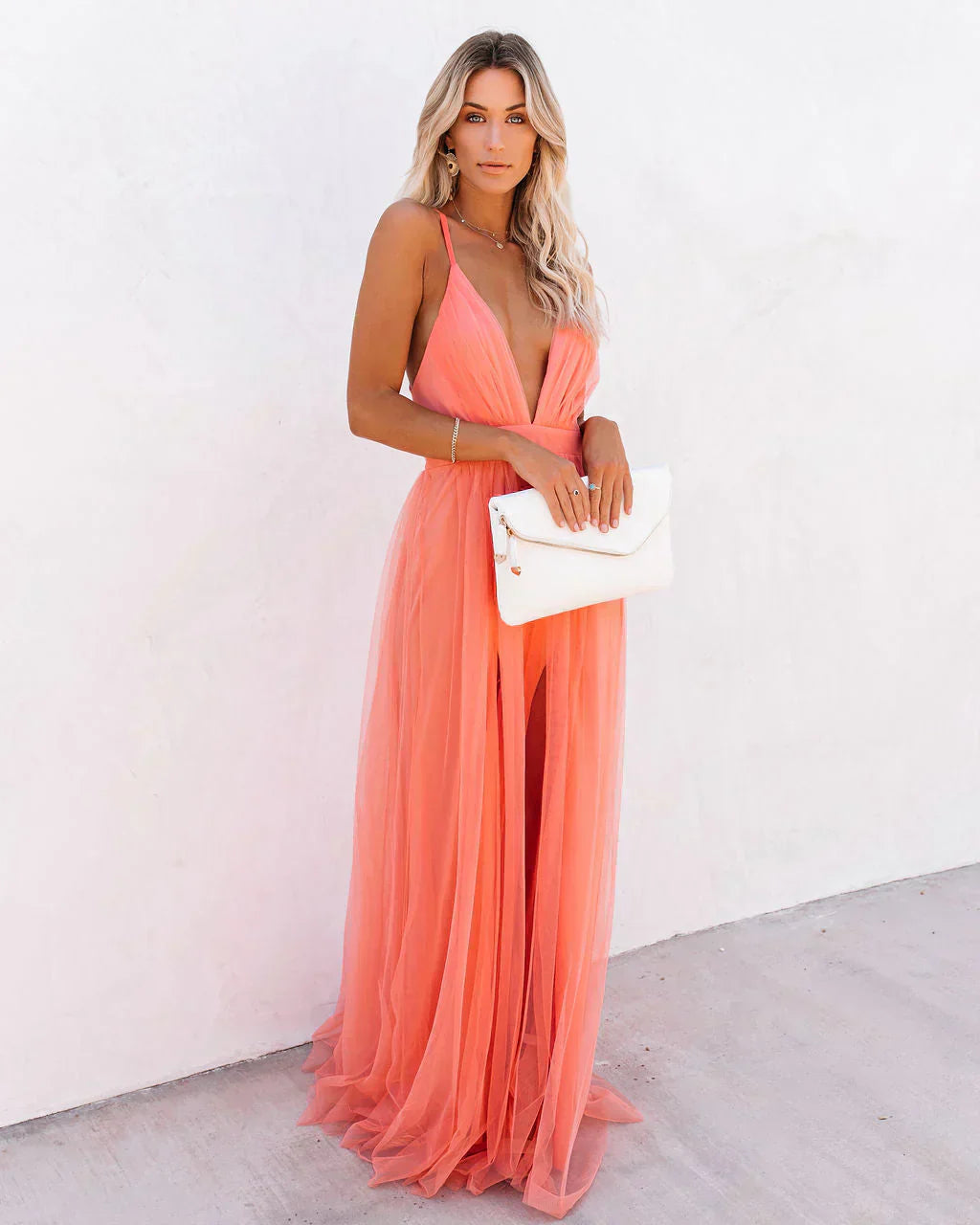 Women’s Coral Maxi Evening Dress – Deep V Neck Sleeveless Gown
