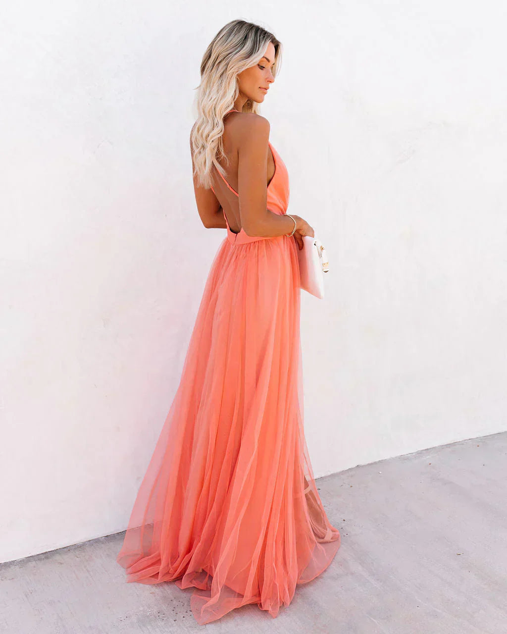 Women’s Coral Maxi Evening Dress – Deep V Neck Sleeveless Gown